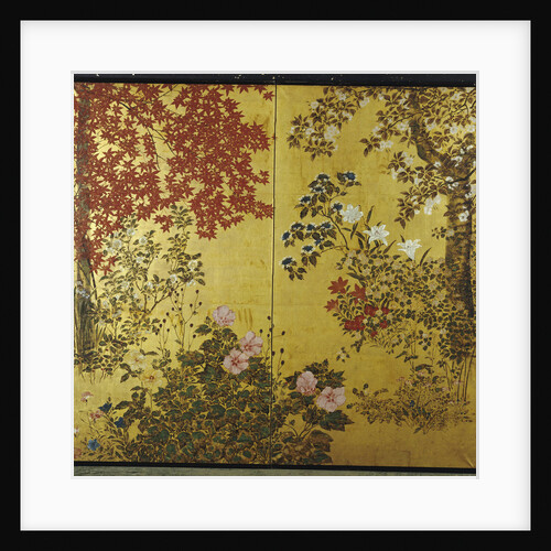 A two leaf Japanese screen on gold paper with maple branches, camellias, hydrangeas, cherry flowers, lilies and other flowers by Anonymous