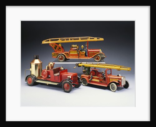 A Tipp and Company tinplate keywind overhead ladder fire engine with a Bing heavy tinplate fire pumper and a Gunthermann tinplate windup fire ladder truck by Anonymous