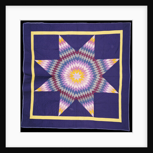 An Amish pieced and quilted cotton coverlet worked in a multicolored lone star on a navy background by Anonymous