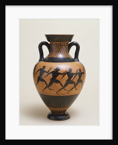 An Attic black-figure amphora of panathenaic shape featuring four naked athletes sprinting to the right by Anonymous