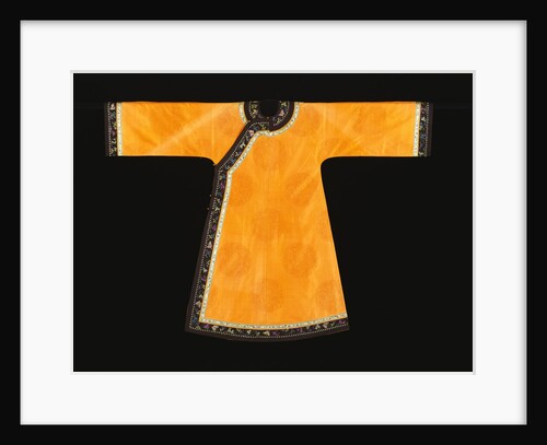 A rare tangerine silk informal robe, the orange silk woven with an overall pattern of confronted dragon roundels by Anonymous