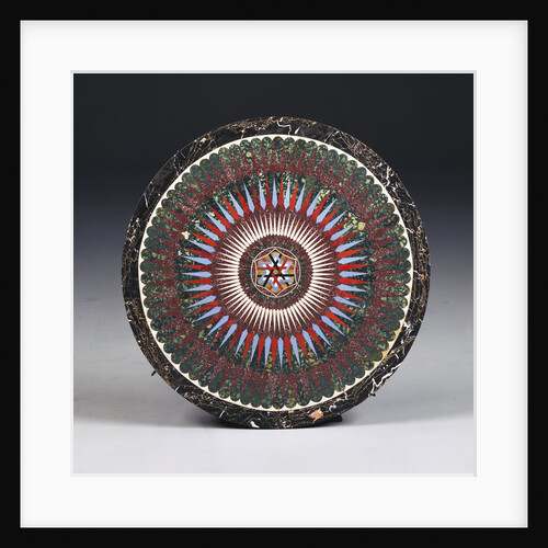 A Roman specimen marble and glass circular top by Francesco Sibilio, with central parcel-gilt concave-sided hexagonal strapwork motif by Anonymous