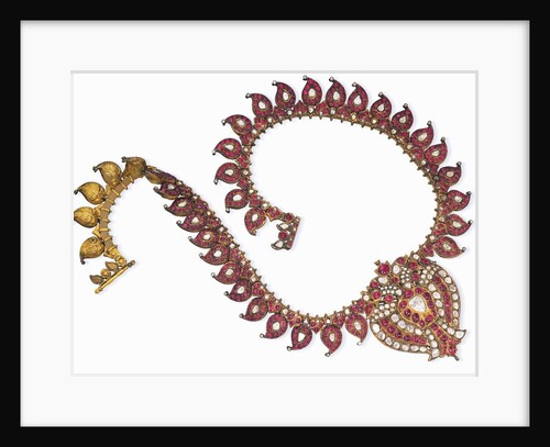 An Indian ruby and diamond necklace with a centre-piece designed as a double-peacock and set with table-cut diamonds and ruby cabochons throughout by Anonymous