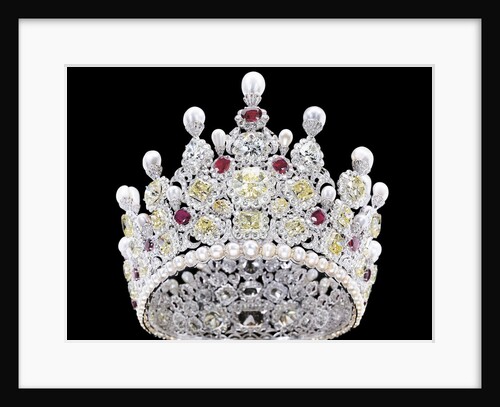 An extraordinary coloured diamond, diamond, natural pearl and ruby crown, mounted in platinum by Anonymous