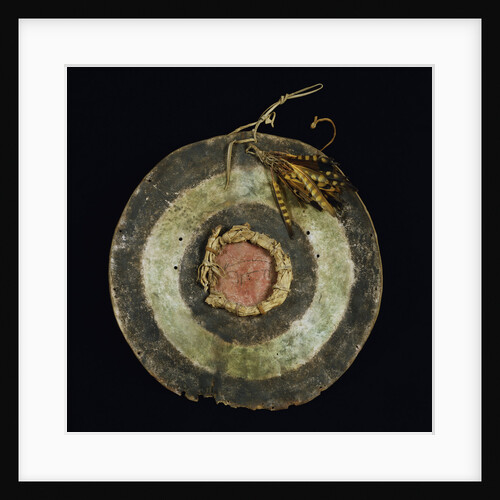 Arapaho painted hide shield, with yellow and brown striped feathers attached at the top by Anonymous