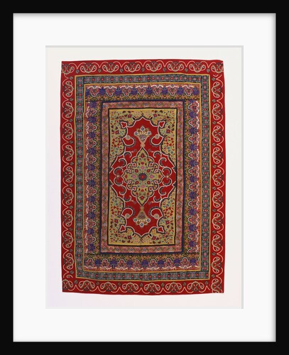 A hanging of red wool facecloth applied and embroidered with a Floral ogival medallion of pale green wool by Anonymous