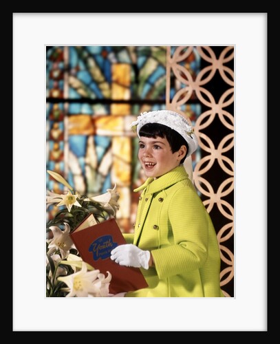 1960s Smiling Happy Young Girl Easter Sunday Clothes Green Coat White Bonnet Hat Gloves Holding Church Hymnal by Anonymous