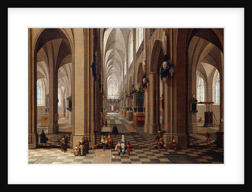 The Interior of a Gothic Cathedral with Townsfolk and Pigrims by Pieter Neeffs I