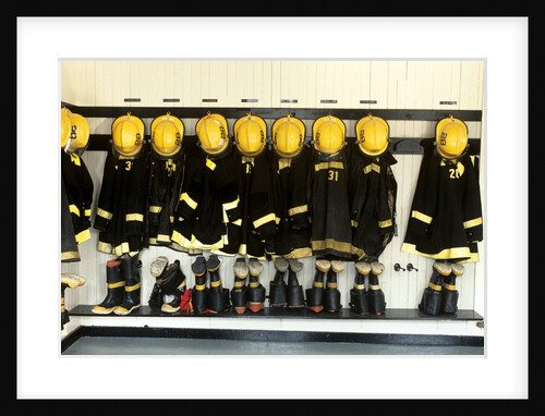 1990s Firefighter Gear Hanging In Firehouse by Anonymous