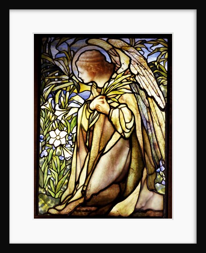 Tiffany Studios stained glass window of a kneeling angel by Anonymous