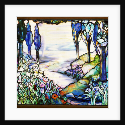 Tiffany Studios leaded glass landscape window by Anonymous