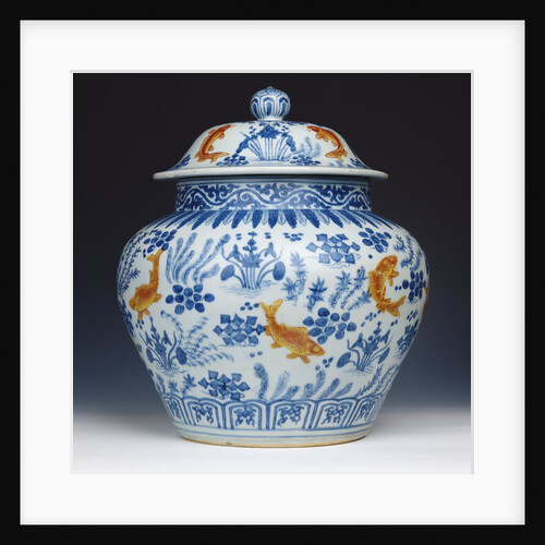 An enamelled blue and white 'Fish' jar and cover by Anonymous