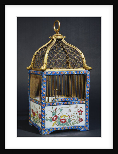 A Directoire ormolu and Chinese porcelain birdcage, the square domed surmounted by a handle by Anonymous