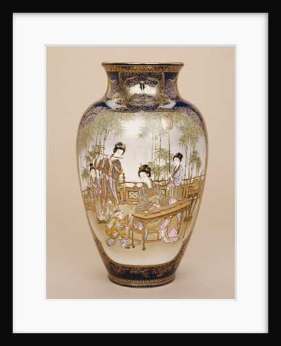 A large Kinkozan vase depicting a lady playing a koto with ladies and children beneath a wisteria by Anonymous