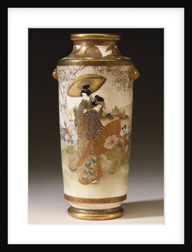 Meiji period earthenware vase depeicting three beauties and a child viewing cherry blossoms along a river by Anonymous