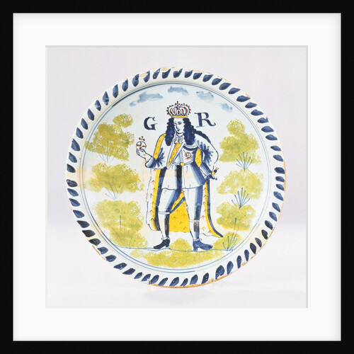 A Bristol Delft polychrome royal portrait charger painted with a full length portrait of George I in formal robes by Anonymous