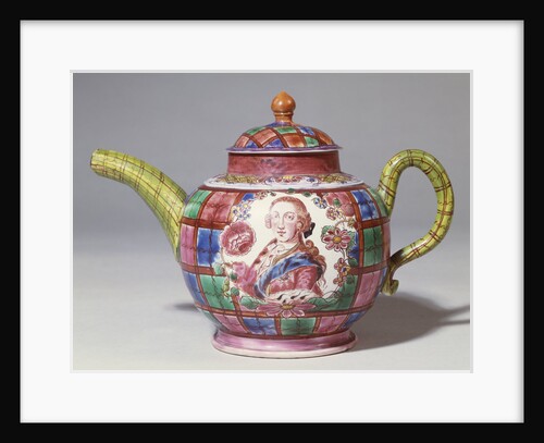 A Staffordshire saltglaze tartan-ground royalist teapot and cover with a bust length portrait of Prince Charles Edward Stuart by Anonymous