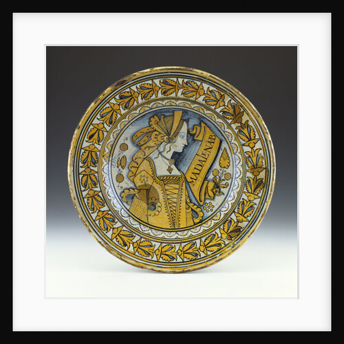 A Deruta blue and gold lustred portrait dish depicting a young woman in profile by Anonymous