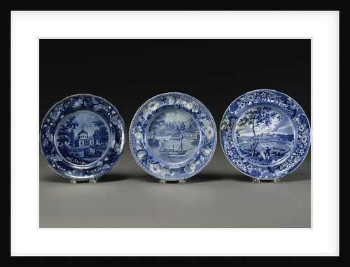 Three transfer-printed blue and white creamware plates, depicting the water works, dam, and Fair Mount, Philadelphia by Anonymous