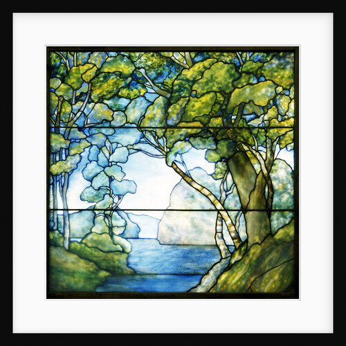 Tiffany Studios leaded glass landscape window depicting a passage to the sea by Anonymous