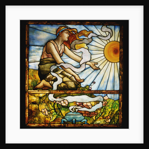 Tiffany Studios leaded and plate glass window depicting a young woman kneeling before the rising sun by Anonymous