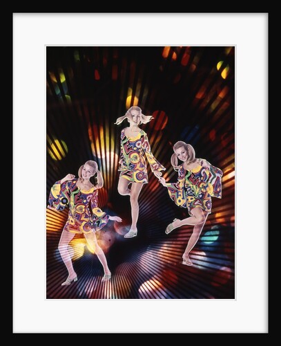 1970s Triple Exposure Of Young Woman In Patterned Dress Dancing Through Strobe Lights by Anonymous