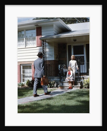 1950s Mother Daughter Waiting Steps House For Father Briefcase Coming Home Suburban Family Man Woman Girl Retro by Anonymous