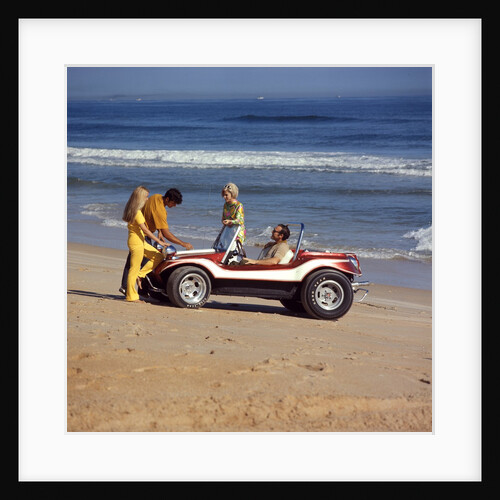 1970 1970s 2 Couples Men Women On Beach With Red White Dune Buggy Leisure Sport Lifestyle Vehicle Fun Summer by Anonymous