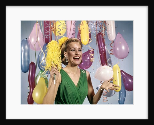 1960 1960s Retro Party New Year Balloons Woman Streamers Dress Happy by Anonymous