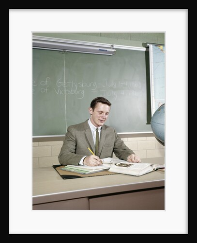 1960s Student Studying Desk Globe Open Book Writing Chalkboard High School by Anonymous