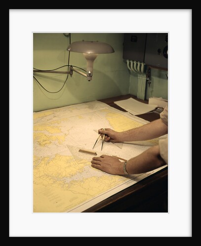 1960s Male Hands Using Nautical Navigation Tools Compass Map Chart Charting A Course by Anonymous