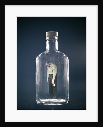 1960s Slumped Over Alcoholic Man Holding Whiskey Bottle Trapped Inside Glass Alcohol Decanter Bottle by Anonymous