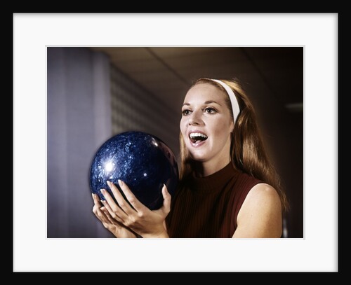 1960s Smiling Laughing Woman Holding Bowling Ball Retro by Anonymous