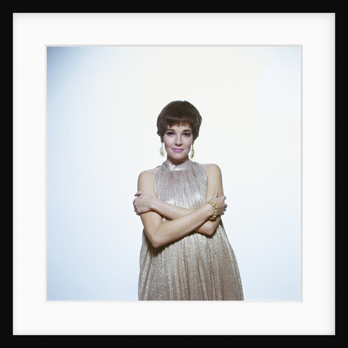 1960s Young Woman Wear Pleated Metallic Dress Pixie Hair Style Arms Folded Earrings Bracelet Retro by Anonymous