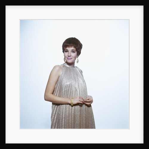 1960s Young Woman Wear Pleated Metallic Dress Pixie Hair Earrings Bracelet Retro by Anonymous