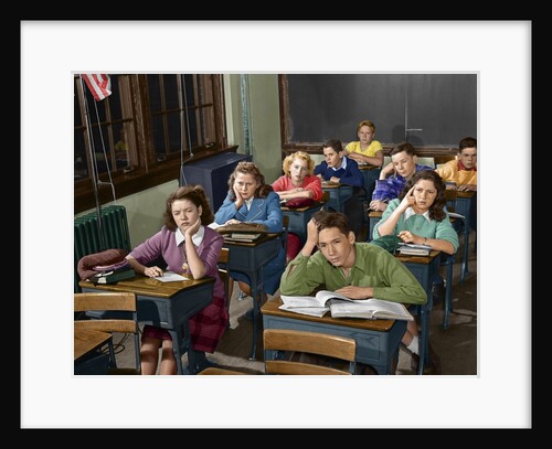 1950s High School Classroom Of Bored Sleepy Students Sitting At Desks by Anonymous