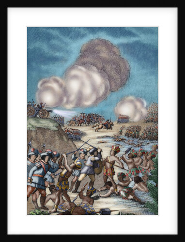 Battle between spaniards and Indians of Tabasco. Colored engraving by Anonymous