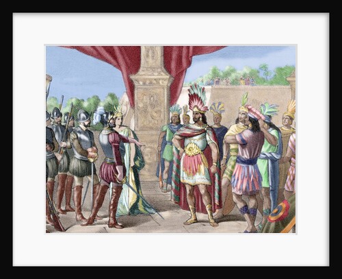 Hernan Cortes takes prisoner Moctezuma II. Colored engraving, 1875 by Anonymous