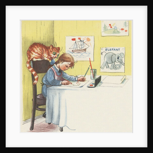 Girl painting with her cat by Anonymous