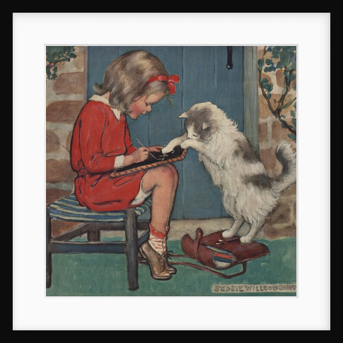 Cat helping girl with homework by Jessie Willcox Smith