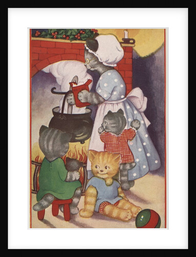 Cat family around the fireplace at Christmas by Anonymous