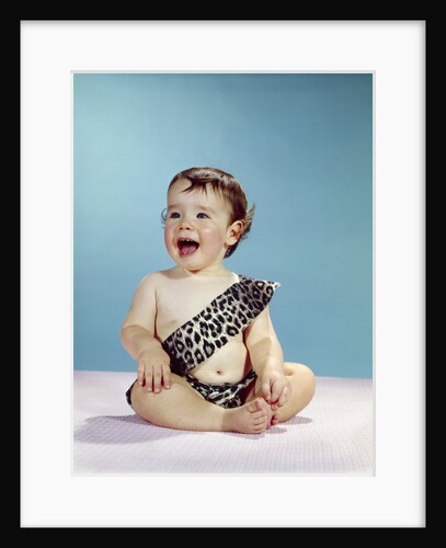 1960s Laughing Happy Baby Mouth Wide Open Wearing Leopard Print Tarzan Caveman Costume by Anonymous