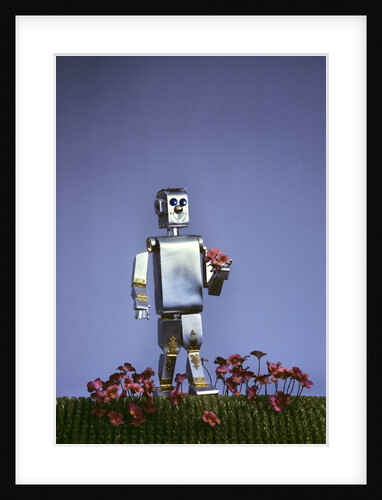 1980s Futuristic Silver Robot Toy Walking In Flowers by Anonymous