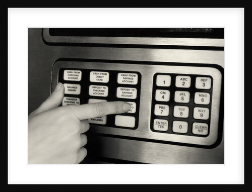 1980s Hand Pressing Buttons On Panel Of Vintage Automatic Teller Machine Atm by Anonymous