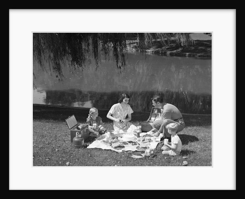 1950s Family Mother Father Son Daughter Picnicking By Lake Outdoor by Anonymous