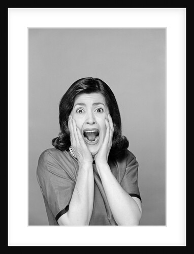 1960s Brunette Woman Screaming Mouth Wide Open Hands To Face Facial Expression Fear Scream Surprise Character Funny Face by Anonymous