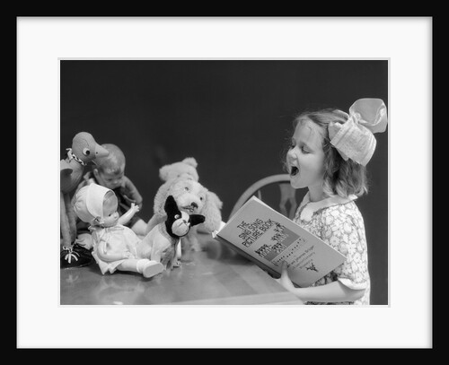 1930s Enthusiastic Little Girl Big Bow Ribbon In Her Hair Singing To Assembled Group Of Dolls Toys And Stuffed Animals by Anonymous