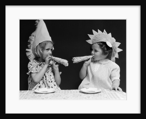 1930s Two Little Girls With Noise Makers Wearing Paper Party Hats by Anonymous