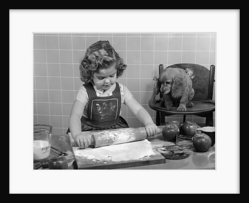 1950s Little Girl Rolling Out Apple Pie Crust On Kitchen Table With Cocker Spaniel Puppy Watching by Anonymous