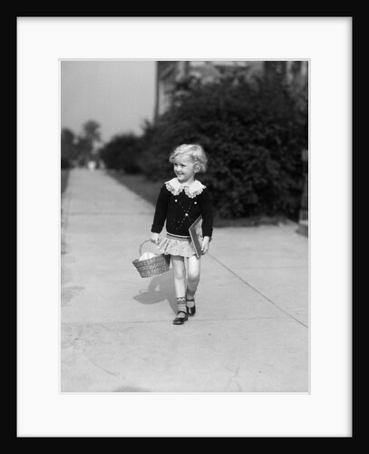1940 Little Blond Girl Holding Basket Books Walking Sidewalk by Anonymous